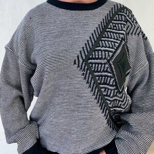 Vintage 90s Urban Works Black White Striped w/ Leather Trim Crewneck Sweater XXL